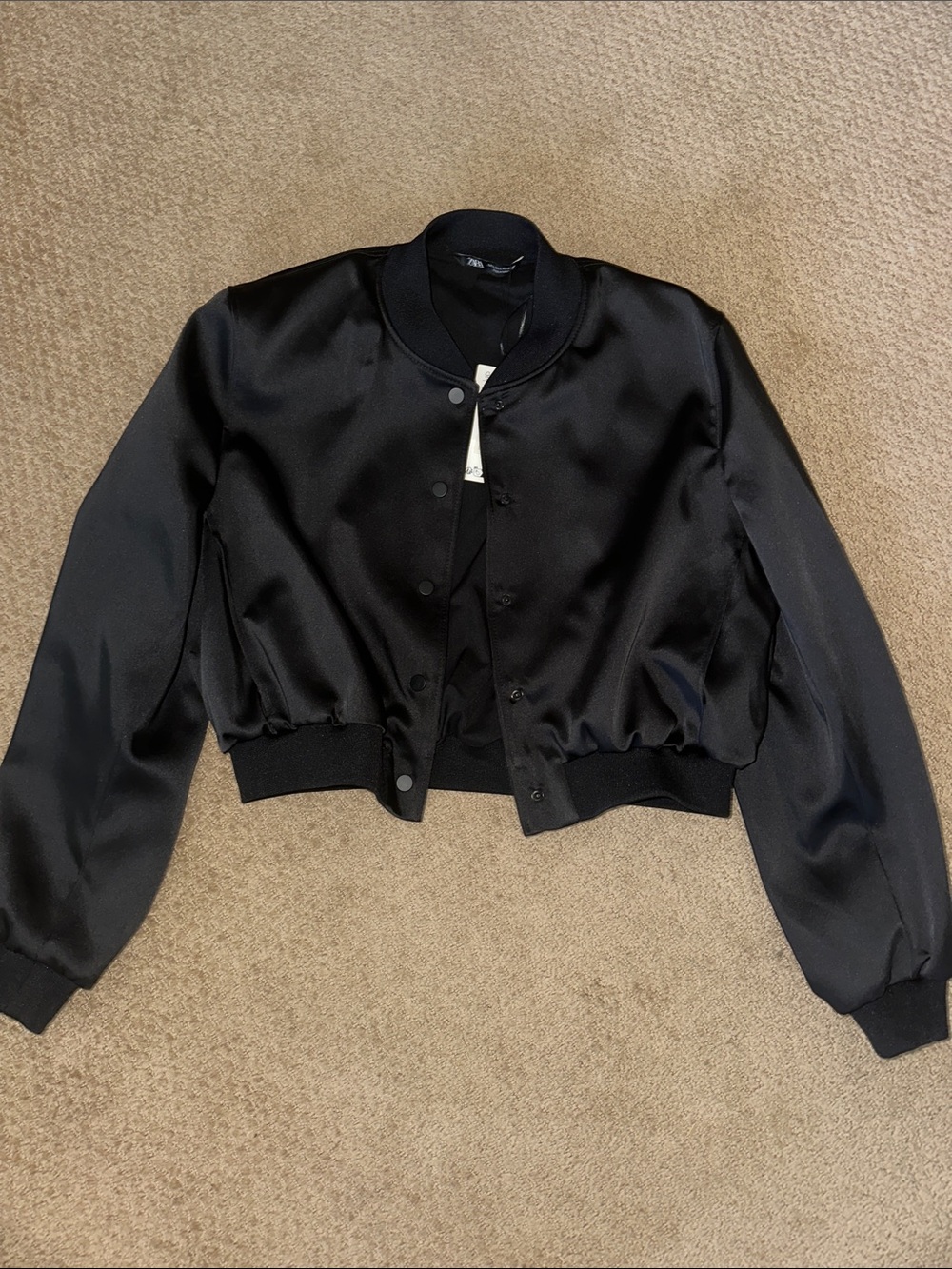 Zara Black Satin Bomber Jacket - Cropped Ribbed Hem